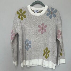 Charming Floral Knit Sweater - Cream with Pink, Green, and Blue Accents